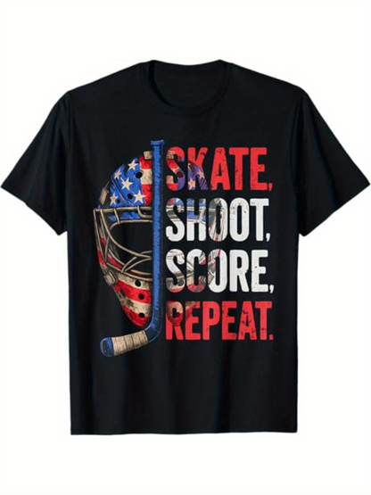 Men's Graphic T-Shirt Skate Shoot Score Repeat With American Flag Hockey Helmet