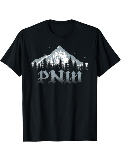 Men's Graphic T-Shirt PNW Majestic Mountain Landscape With Snowy Trees And Silhouetted Pine Forest