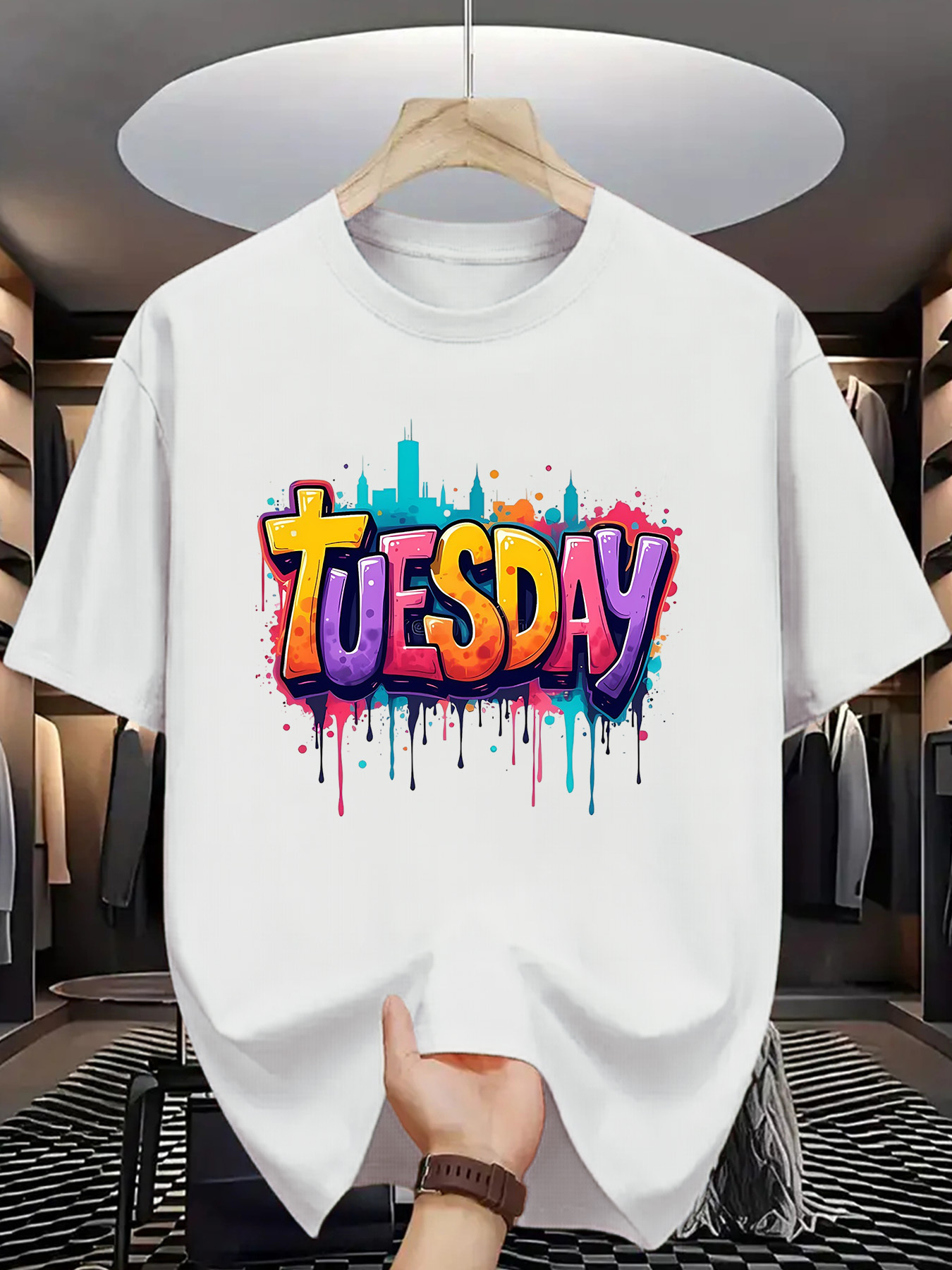 Men's Graphic T-Shirt Colorful Spray Paint Lettering With Urban Skyline And Bright Graffiti Tuesday
