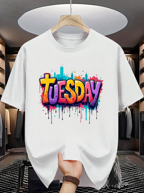 Men's Graphic T-Shirt Colorful Spray Paint Lettering With Urban Skyline And Bright Graffiti Tuesday