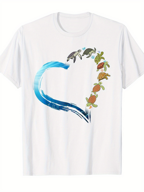 Men's Graphic T-Shirt Colorful Swimming Sea Turtles With Ocean Wave Heart Shape