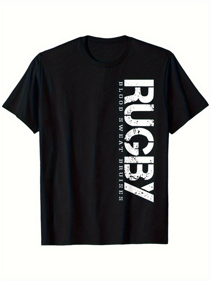 Men's Graphic T-Shirt Rugby Blood Sweat Bruises With White Bold Vertical Lettering