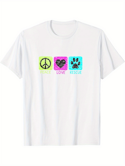 Men's Graphic T-Shirt Peace And Love With Paw Print Surrounded By Neon Rescue Symbols