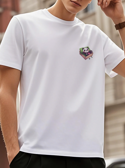 Men's Graphic T-Shirt Playful Panda Resting On A Cozy Book In Soft White Tee Panda