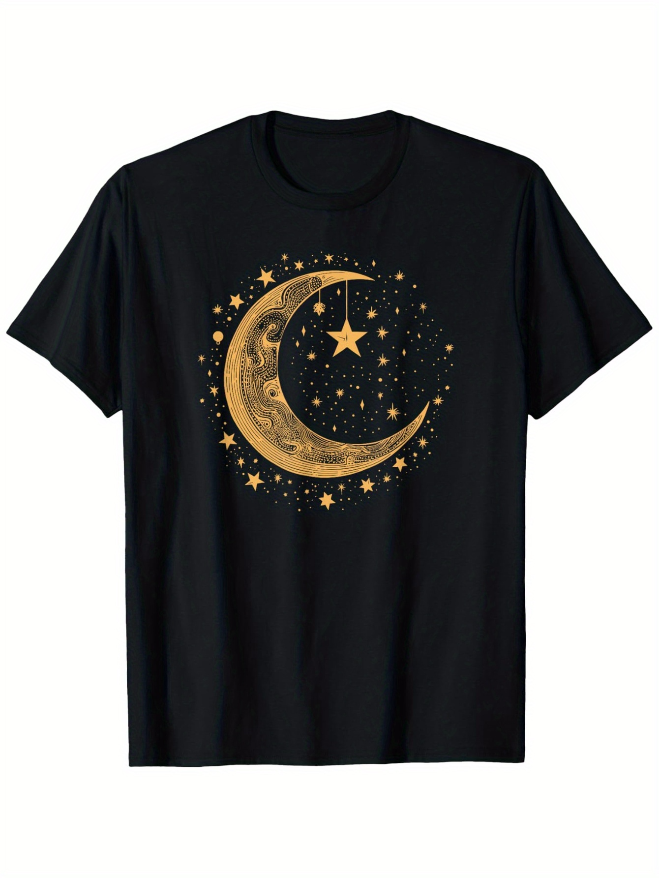 Men's Graphic T-Shirt Golden Crescent Surrounded By Glowing Stars Under Midnight Sky Moon