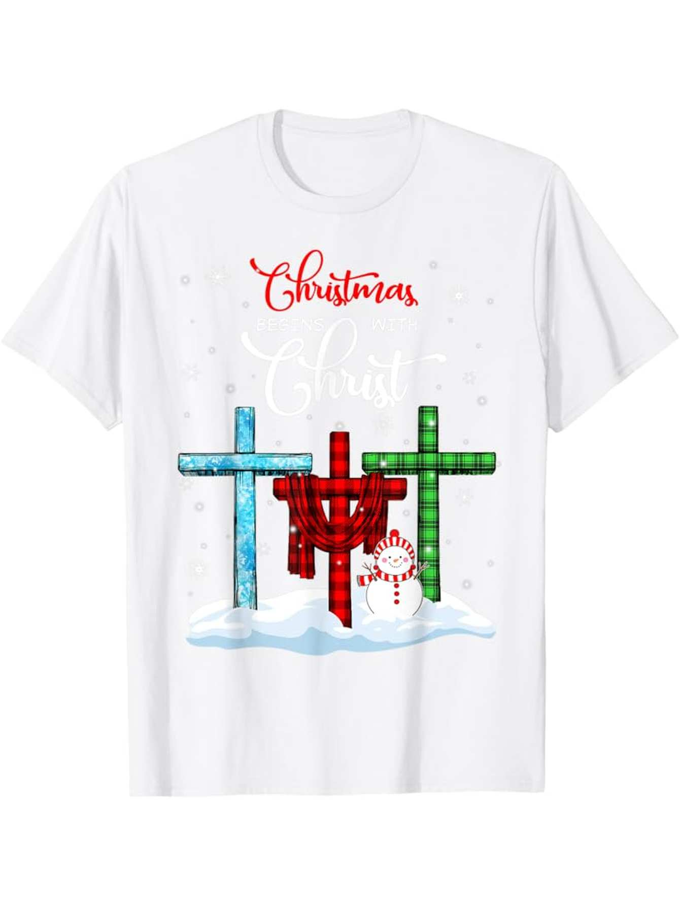 Men's Graphic T-Shirt Christmas Glow With Plaid Patterned Crosses On Snow