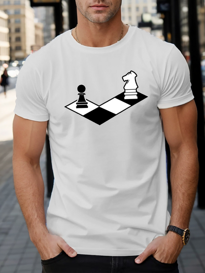 Men's Graphic T-Shirt Three Dimensional Chessboard With Pawn And Knight Pieces