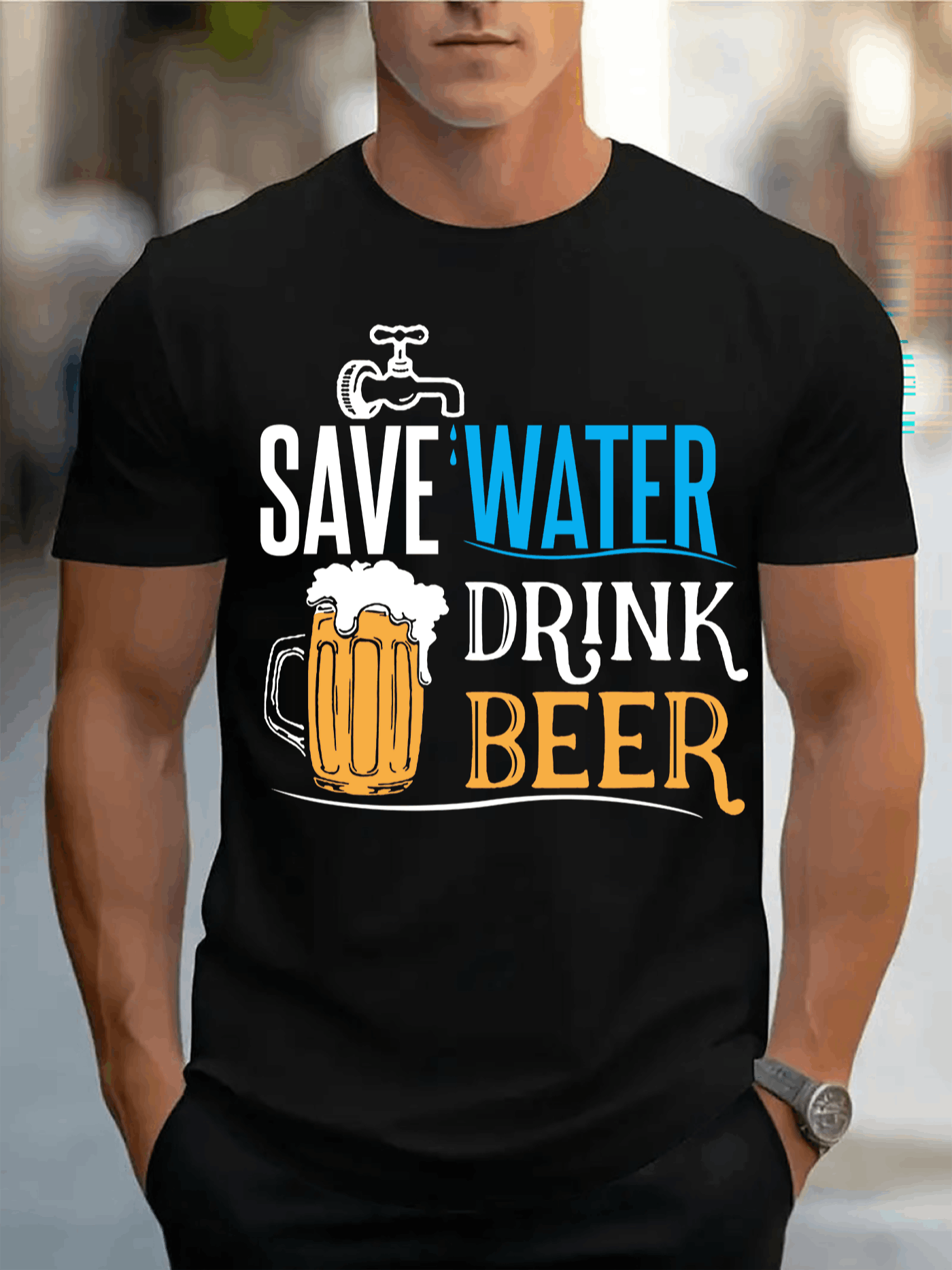 Men's Graphic T-Shirt Save Water Drink Beer With Cartoon Beer Mug And Faucet