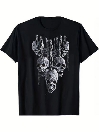 Men's Graphic T-Shirt Grungy Chains Dangling Among Dark Shadows Surrounding Creepy Human Skulls