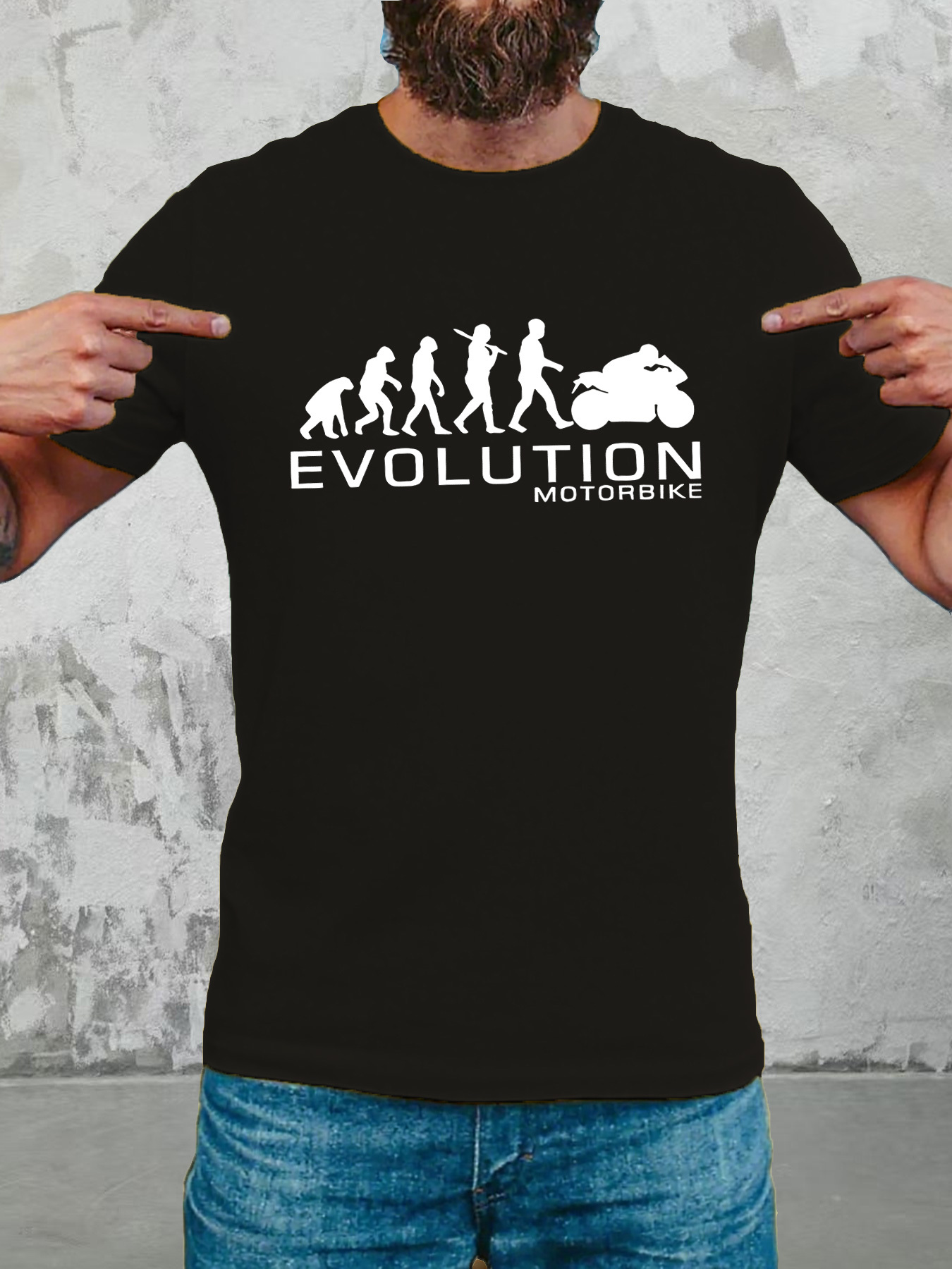 Men's Graphic T-Shirt Evolution Timeline With Human Progression Toward Racing Motorcycle