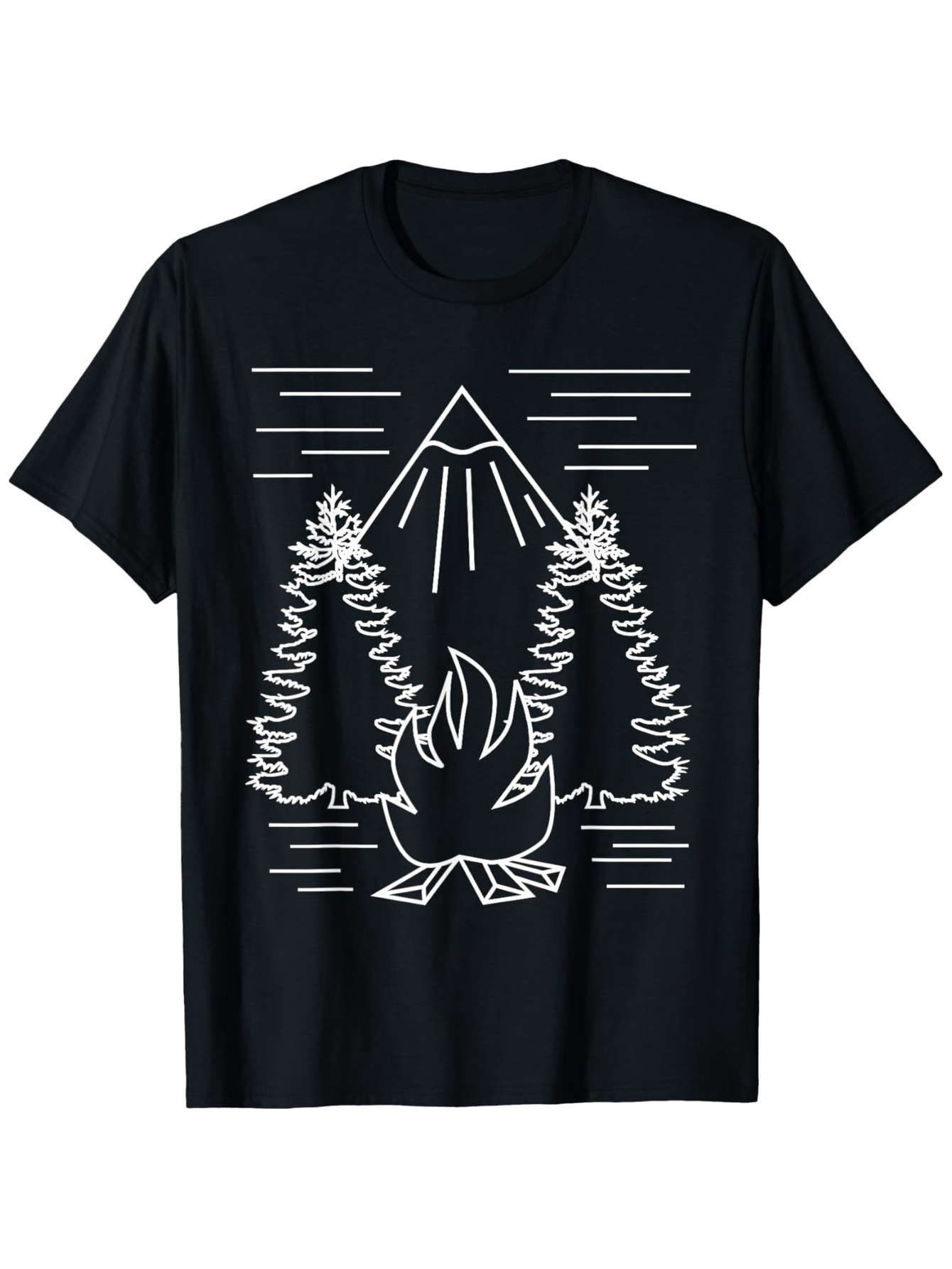 Men's Graphic T-Shirt Minimalist Line Drawing With Pine Trees Campfire And Majestic Mountain