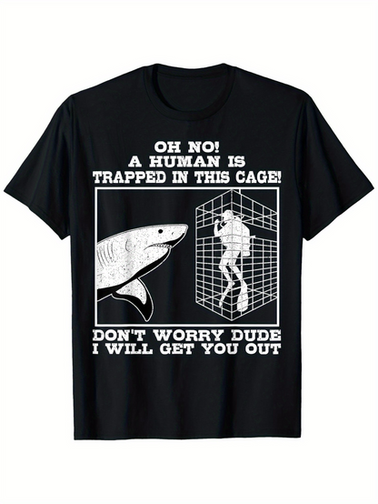 Men's Graphic T-Shirt Oh No A Human Is Trapped Shark With Caged Diver Illustration