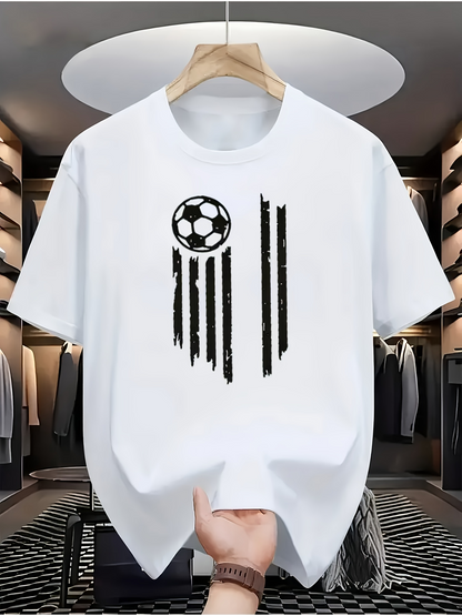 Men's Graphic T-Shirt Distressed Black Vertical Stripes With Soccer Ball White T Shirt