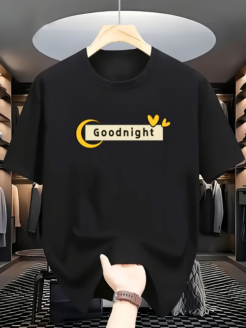 Men's Graphic T-Shirt Goodnight Yellow Crescent Moon With Two Floating Hearts Print