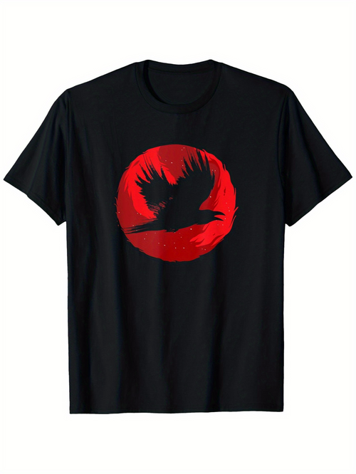 Men's Graphic T-Shirt Bold Red Sun With A Flying Crow Silhouette Centered On Black T Shirt