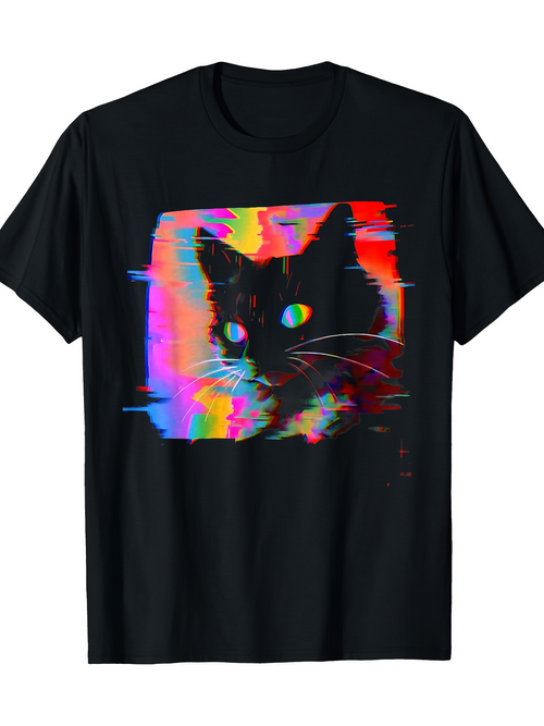 Men's Graphic T-Shirt Vivid Neon Hues With Abstract Lights Surrounding Glitch Art Black Cat