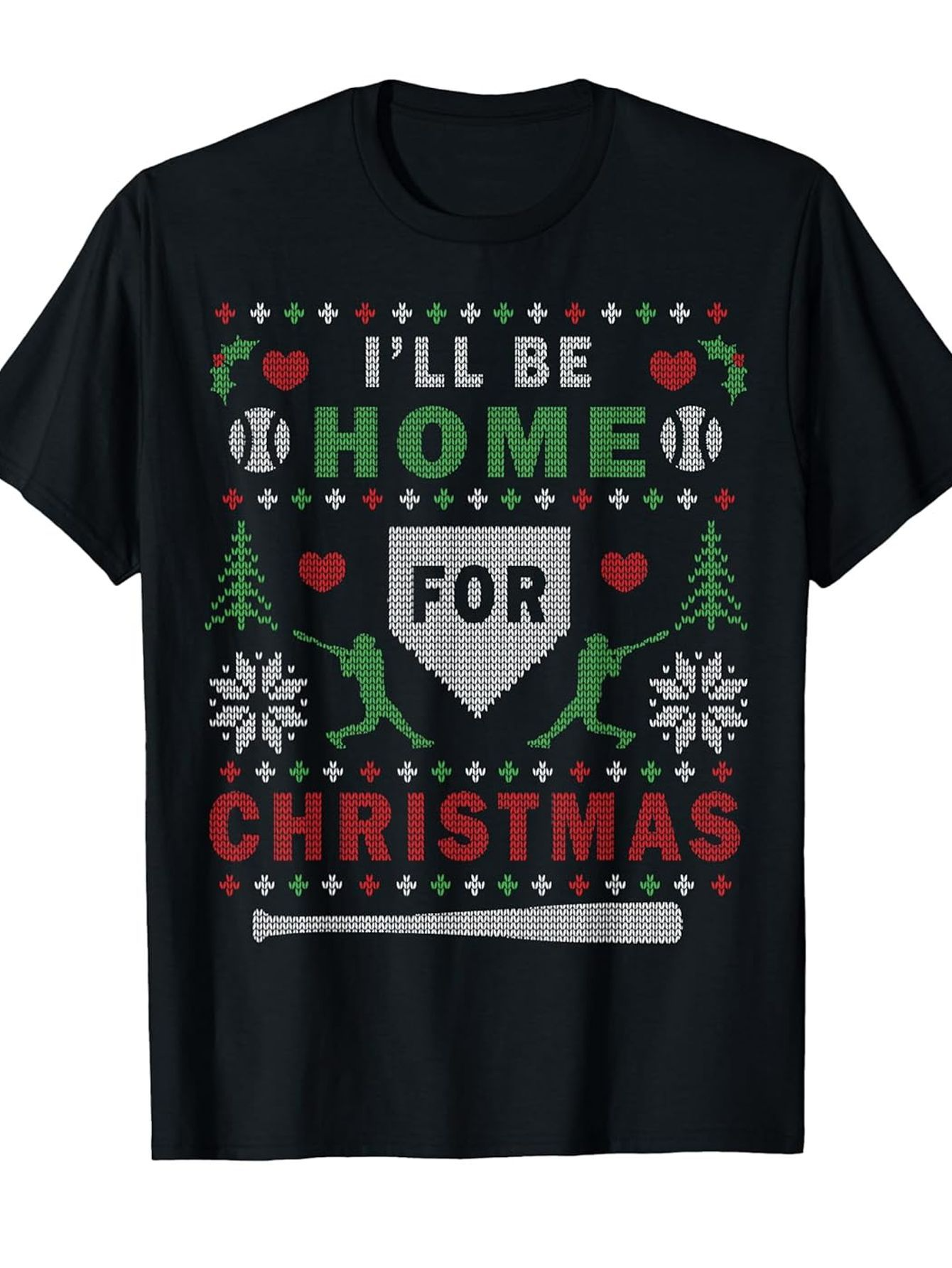 Men's Graphic T-Shirt Ill Be Home For Christmas With Snowflakes Holly And Baseball Bat