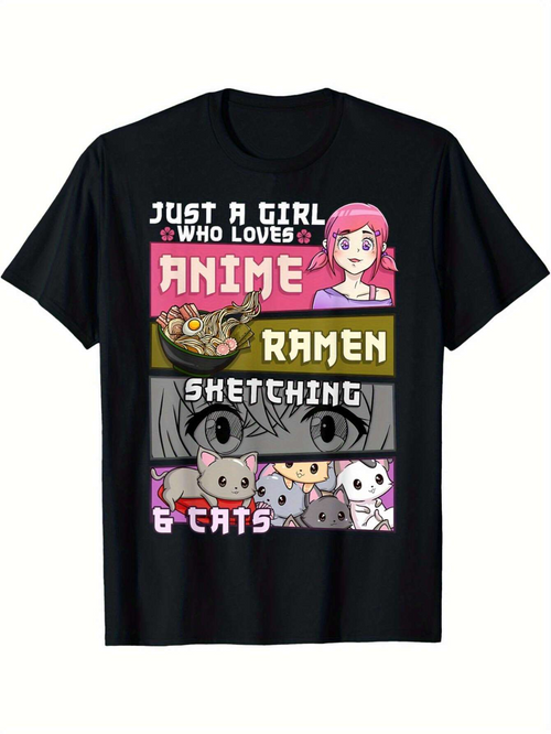 Men's Graphic T-Shirt Just A Girl Who Loves Anime Ramen Sketching And Cute Cats