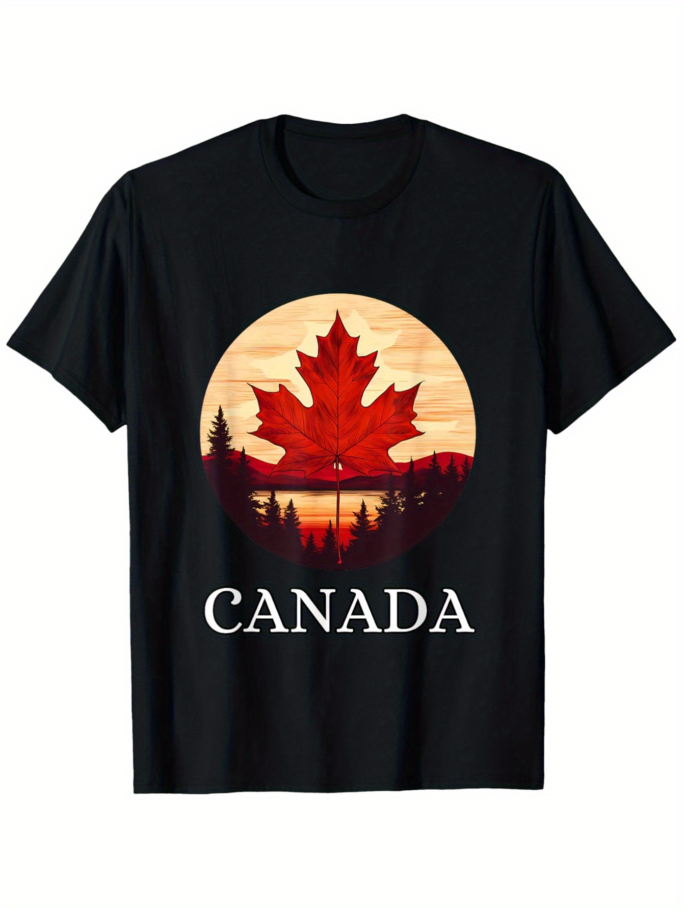 Men's Graphic T-Shirt Canada Sunset Mountain Landscape With Silhouetted Pine Trees And Maple Leaf