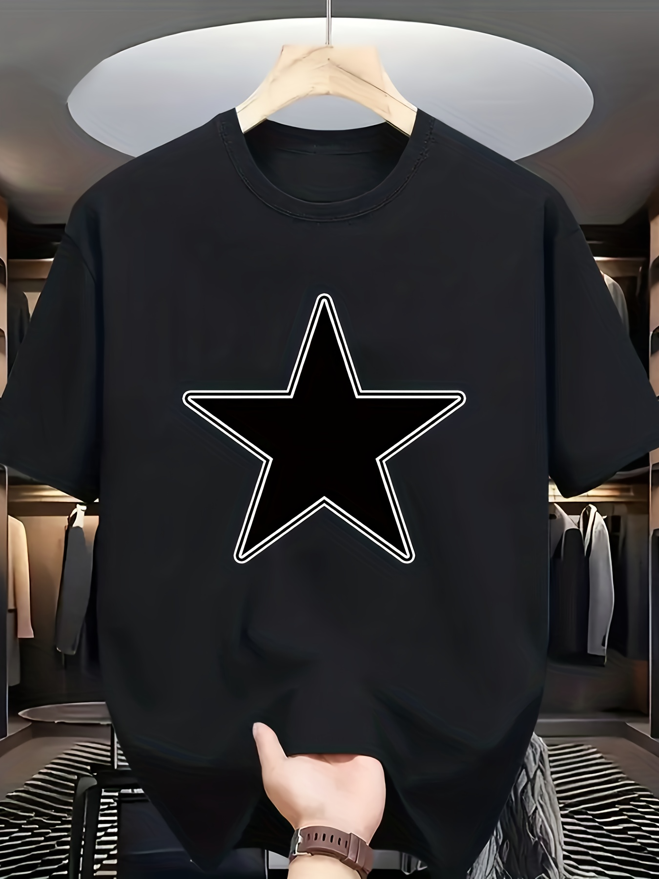 Men's Graphic T-Shirt Minimal Geometric White Lined Five Pointed Star Graphic Tee