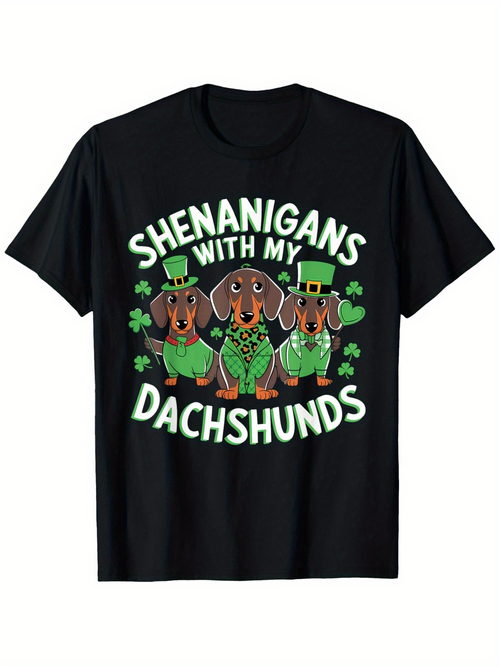Men's Graphic T-Shirt Shenanigans With My Three Green Dressed Dachshunds Surrounded By Shamrocks