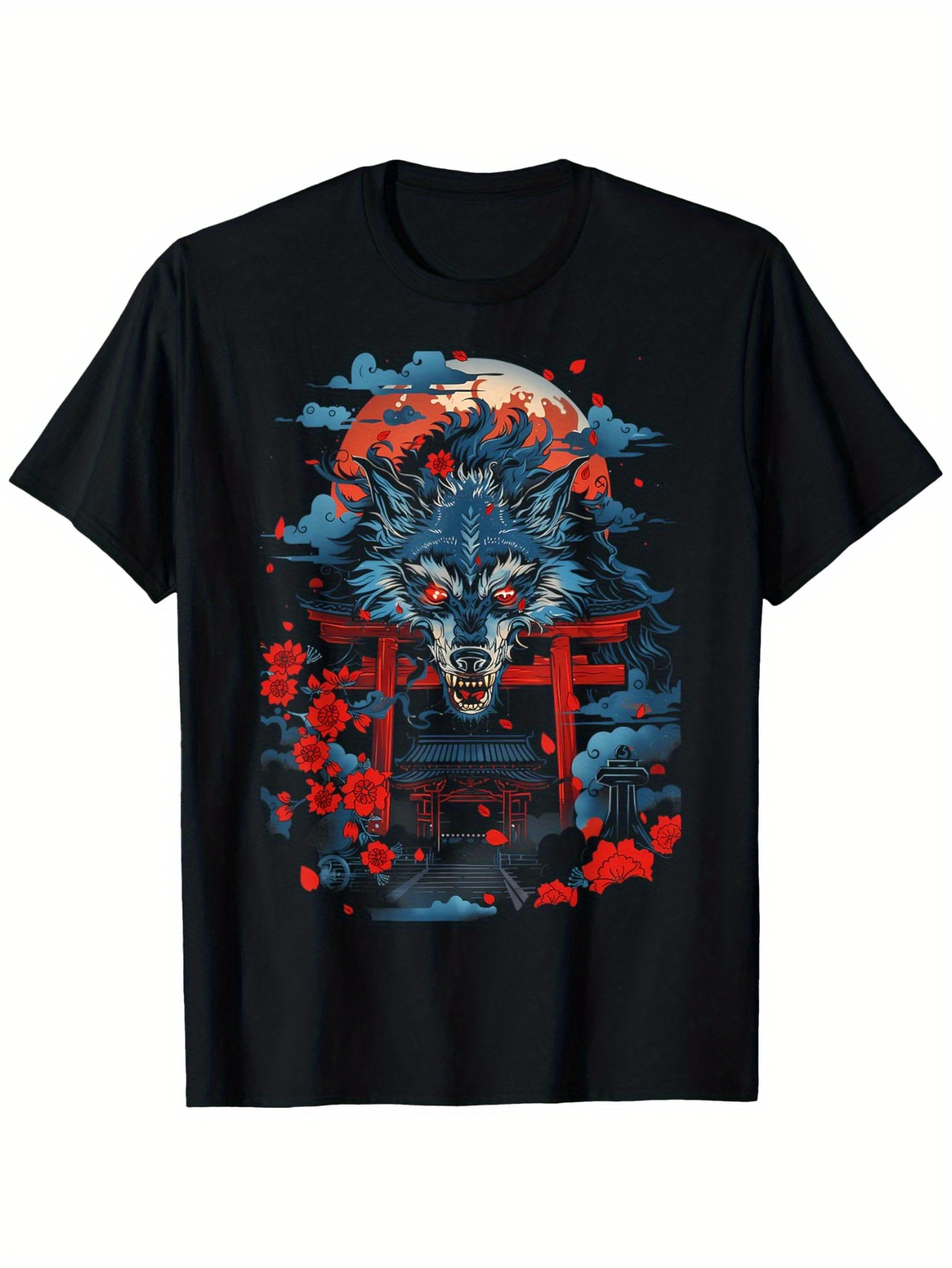 Men's Graphic T-Shirt Blood Moon Clouds With Red Torii Flowers Surrounding Fierce Wolf Head