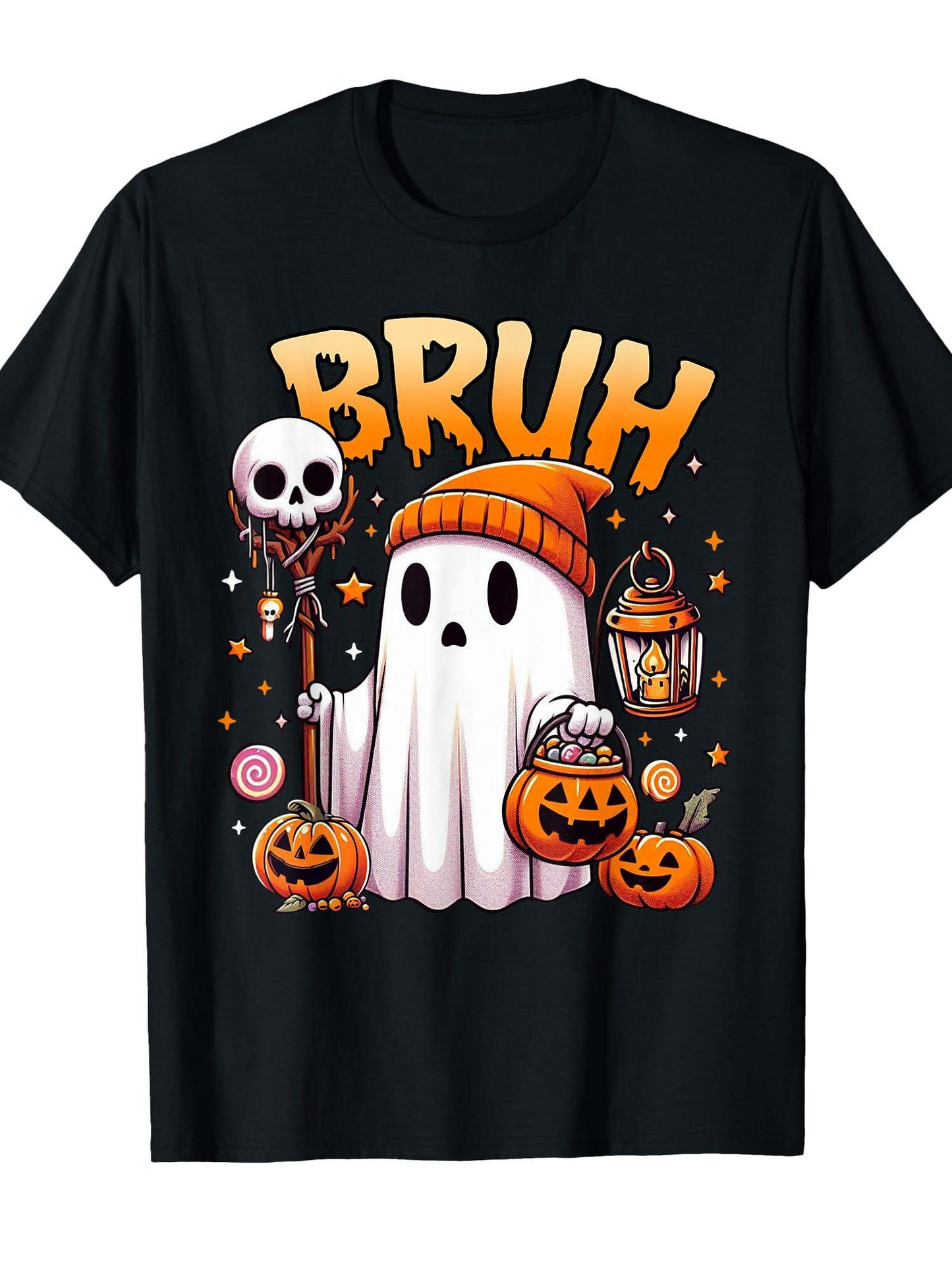 Men's Graphic T-Shirt Bruh Halloween Pumpkins Lanterns and Candy Ghost