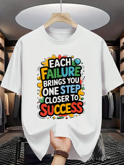 Men's Graphic T-Shirt Each Failure Brings You One Step Closer To Success Colorful Motivational Quote Surrounded By Doodle Shapes White T Shirt