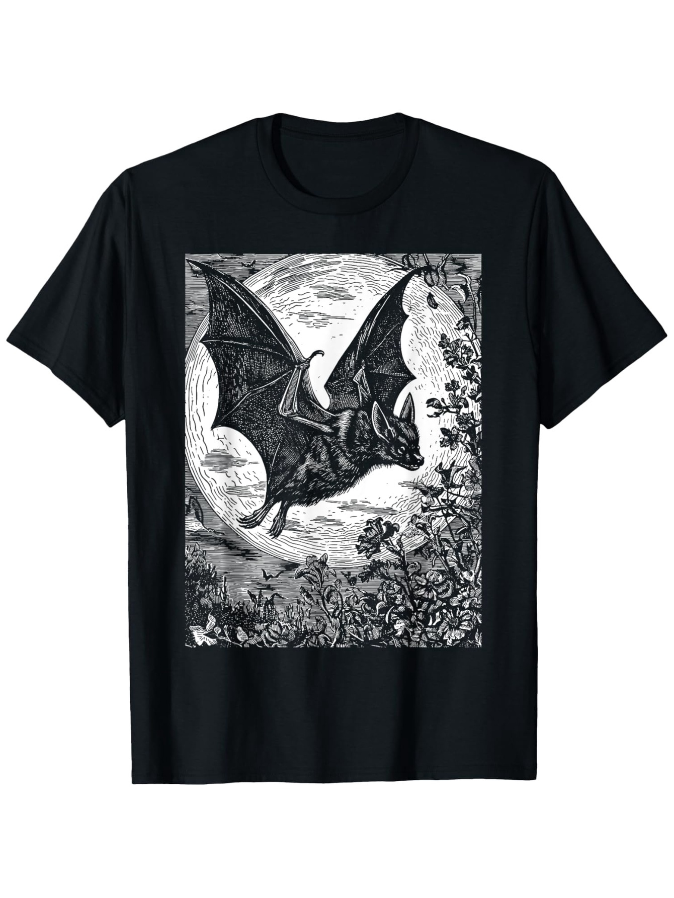 Men's Graphic T-Shirt Vintage Illustration With Moonlight Shadows And Soaring Winged Creature Bat