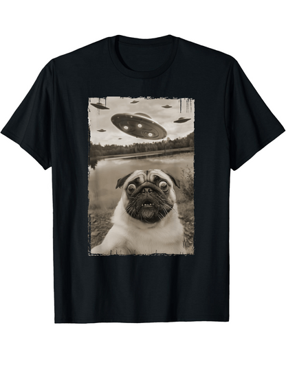 Men's Graphic T-Shirt Surreal Alien Sky Reflected In Water With Playful Curious Pug Dog