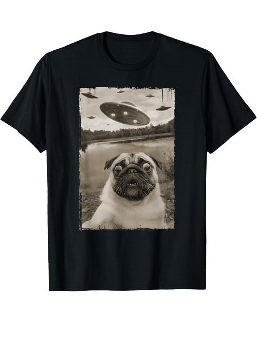 Men's Graphic T-Shirt Surreal Alien Sky Reflected In Water With Playful Curious Pug Dog