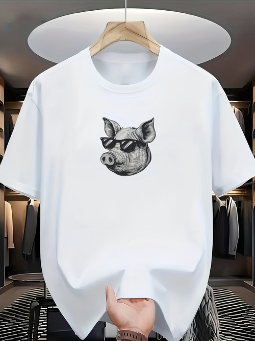 Men's Graphic T-Shirt Cool Style With Hand Drawn Sunglasses Wearing Pig Head