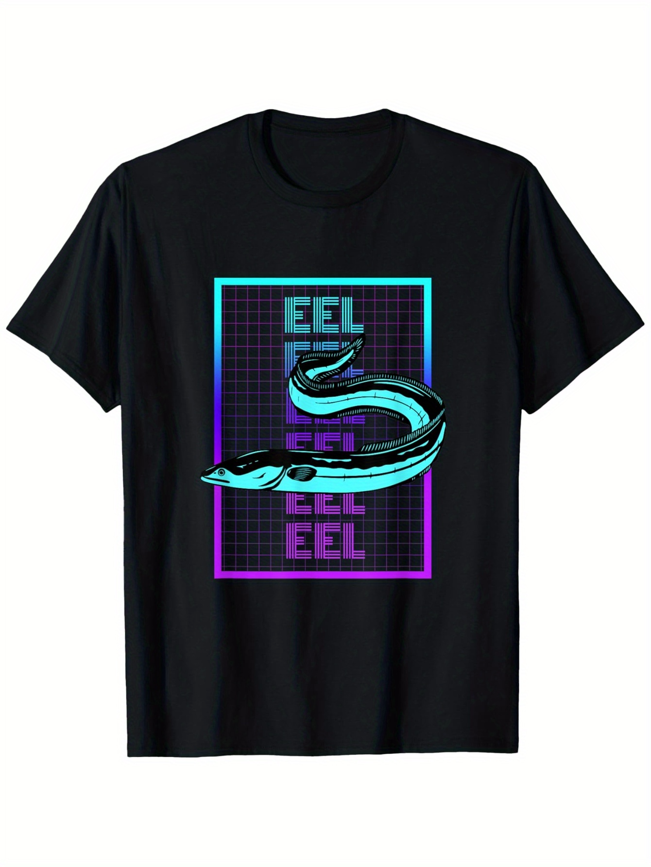 Men's Graphic T-Shirt Electric Blue Neon Grid With Futuristic Glow Surrounding An Eel