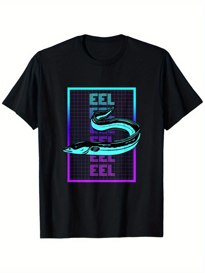 Men's Graphic T-Shirt Electric Blue Neon Grid With Futuristic Glow Surrounding An Eel