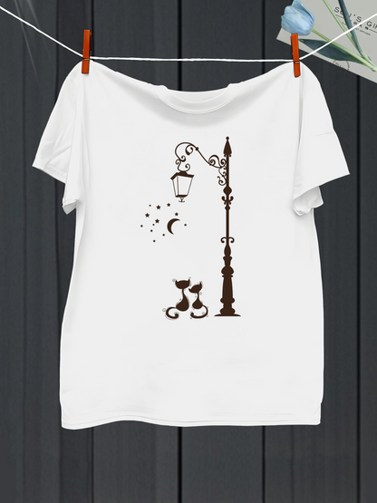 Men's Graphic T-Shirt Night Stars With Street Lamp Two Cats And Crescent Moon
