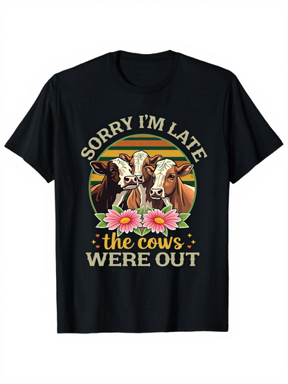 Men's Graphic T-Shirt Sorry I Am Late With Pink Flowers Among Grazing Cows