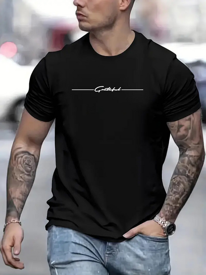 Men's Graphic T-Shirt Casual Style With Minimalist White Lettering Black T Shirt
