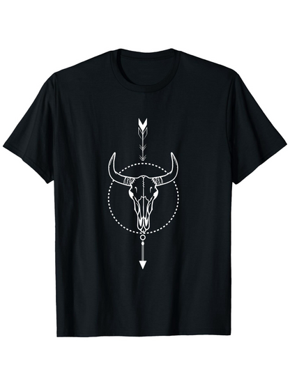Men's Graphic T-Shirt Symmetrical Arrow With Tribal Dotted Circle Surrounding Bull Skull