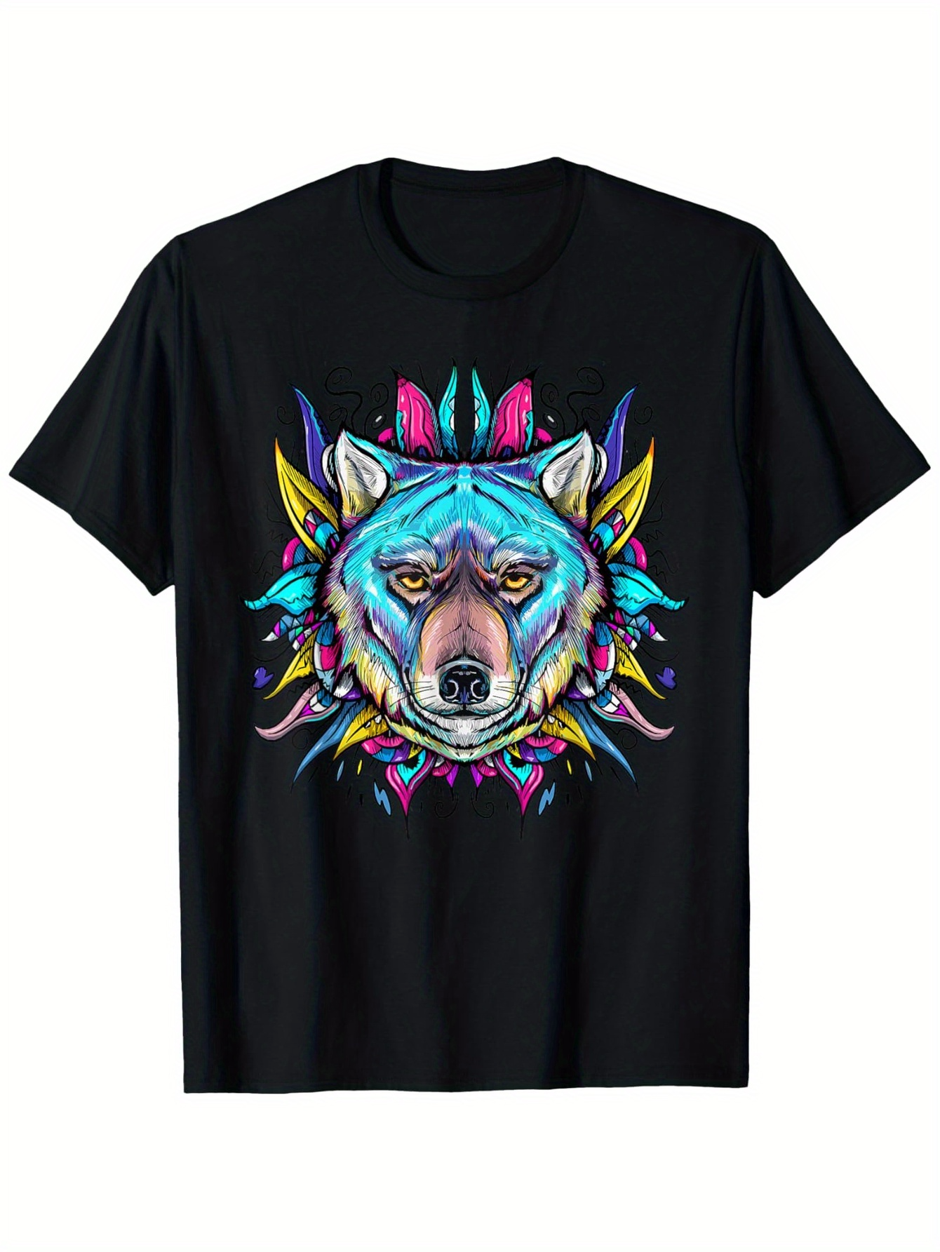 Men's Graphic T-Shirt Vivid Colorful Feathers Surrounding a Majestic Blue Wolf Face