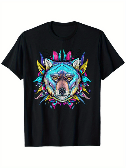 Men's Graphic T-Shirt Vivid Colorful Feathers Surrounding a Majestic Blue Wolf Face