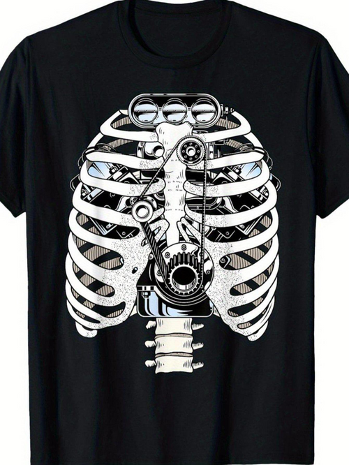 Men's Graphic T-Shirt Mechanical Bones With Metallic Gears Among Stylized Ribcage Structure Skeleton