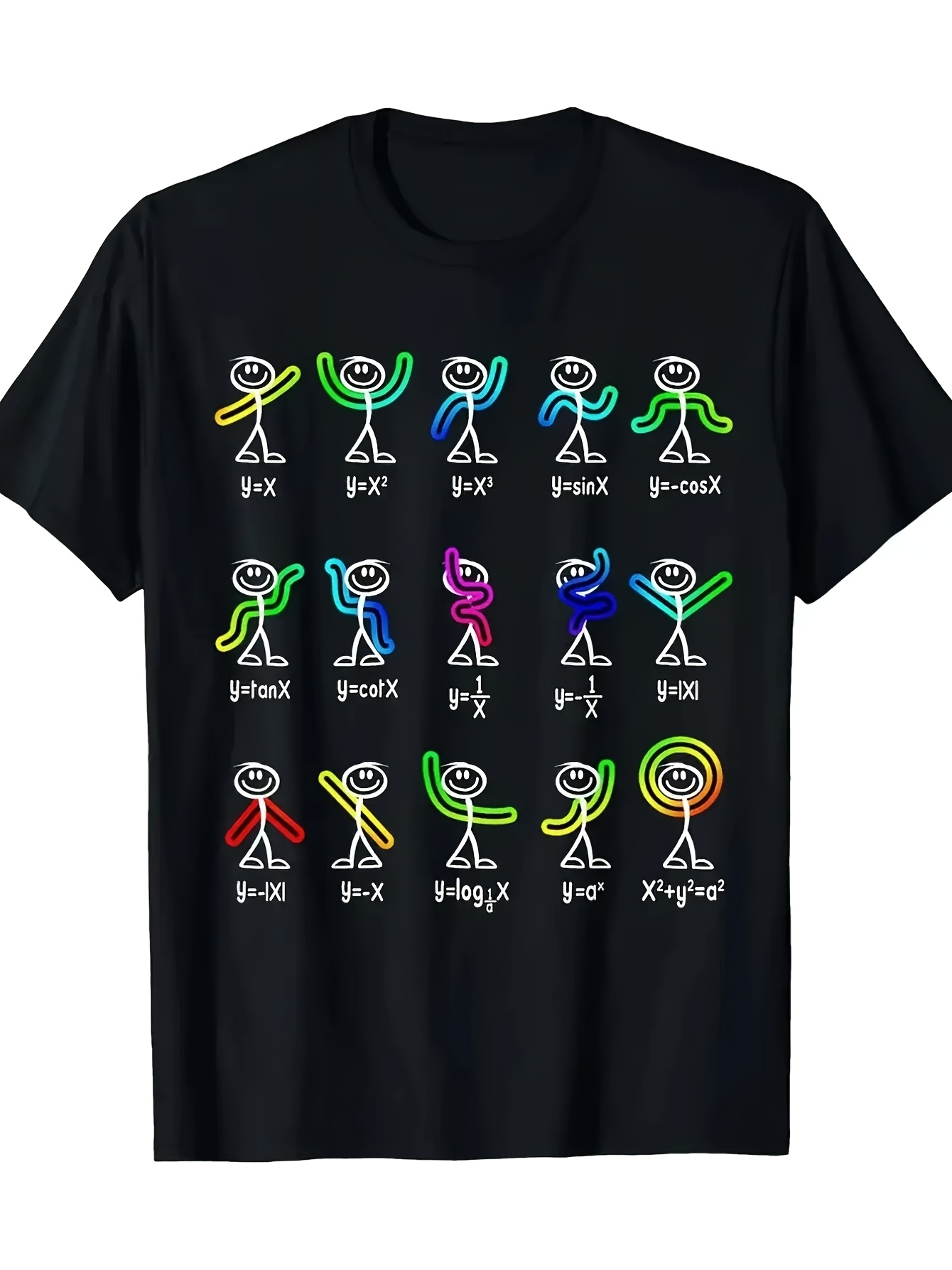 Men's Graphic T-Shirt Colorful Stick Figures Demonstrating Mathematical Functions Under Black Shirt