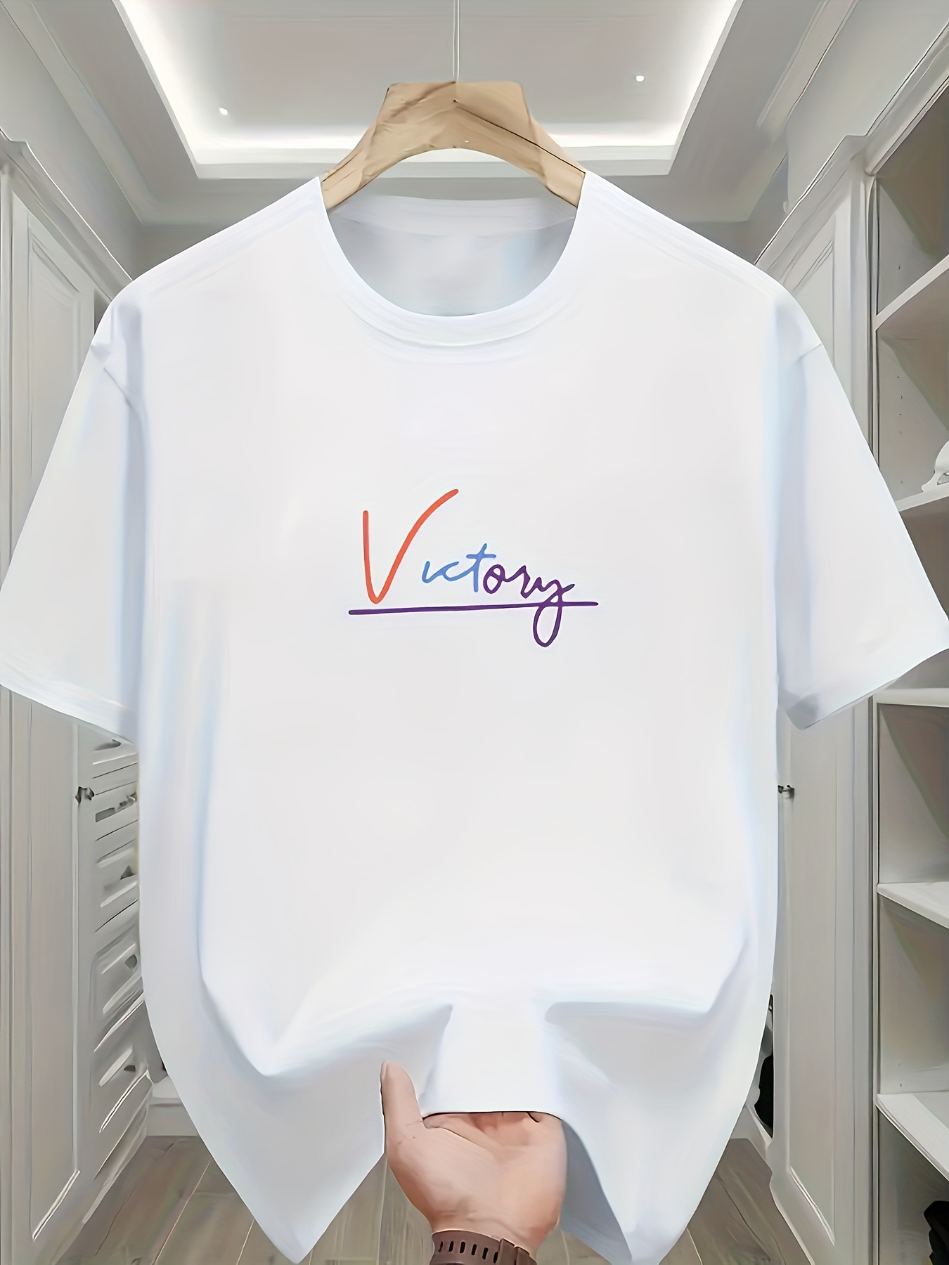 Men's Graphic T-Shirt Colorful Handwritten Letters With Simple White Fabric Victory