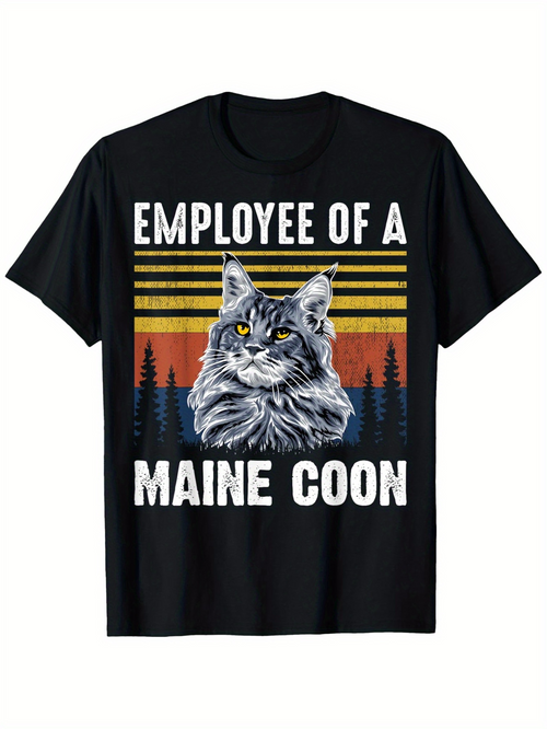 Men's Graphic T-Shirt Employee Of A Maine Coon Surrounded By Pine Forest And Retro Stripes Cat