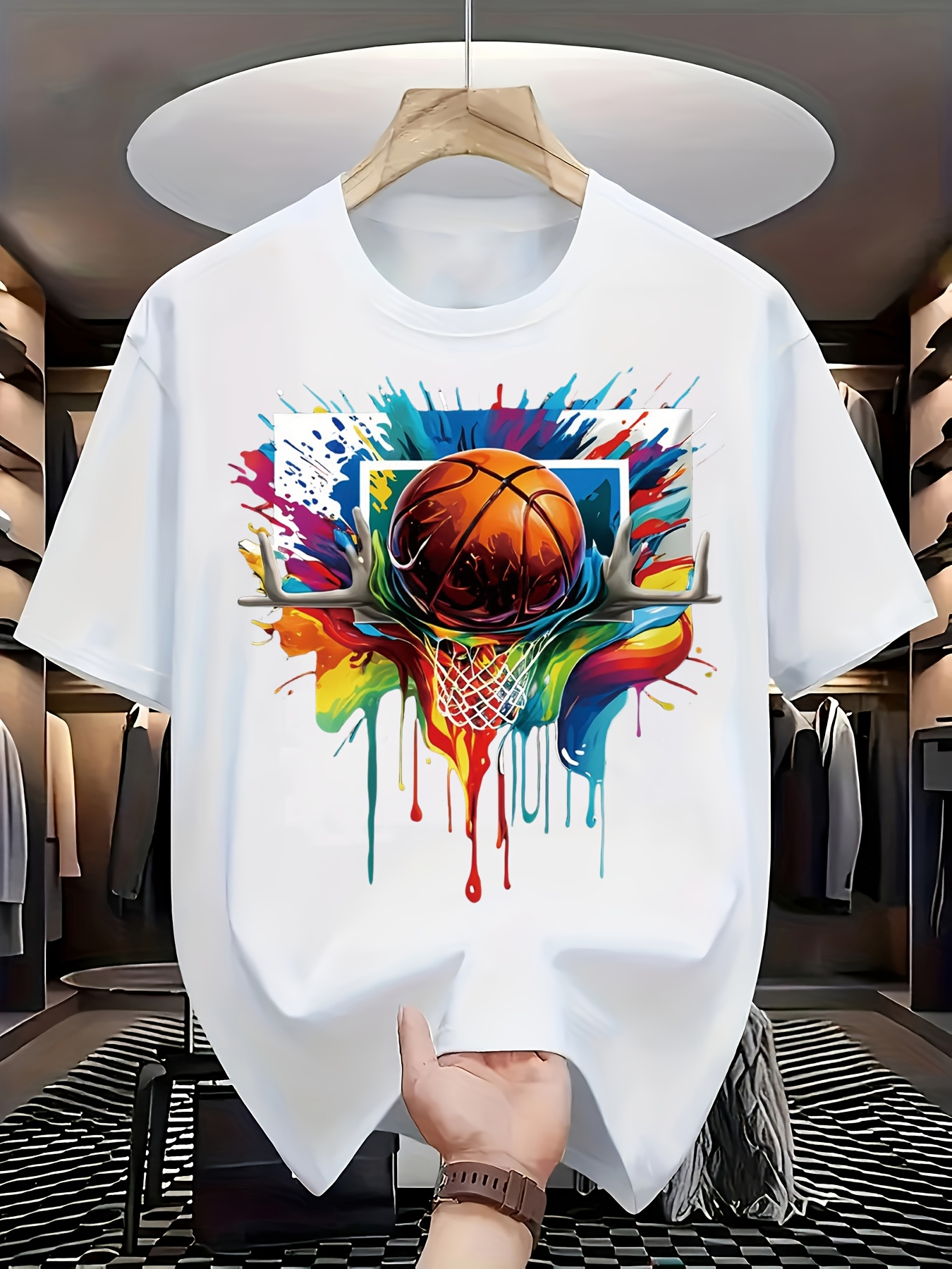 Men's Graphic T-Shirt Colorful Paint Splash Surrounding A Bright Basketball Net With Orange Ball