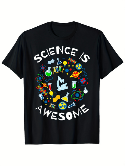 Men's Graphic T-Shirt Science Is Awesome With Colorful Lab Equipment Molecules Microscope Flasks Around Chemistry Theme