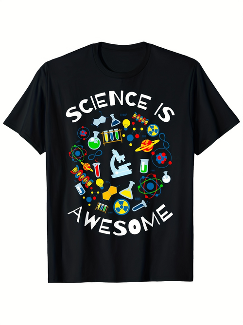 Men's Graphic T-Shirt Science Is Awesome With Colorful Lab Equipment Molecules Microscope Flasks Around Chemistry Theme