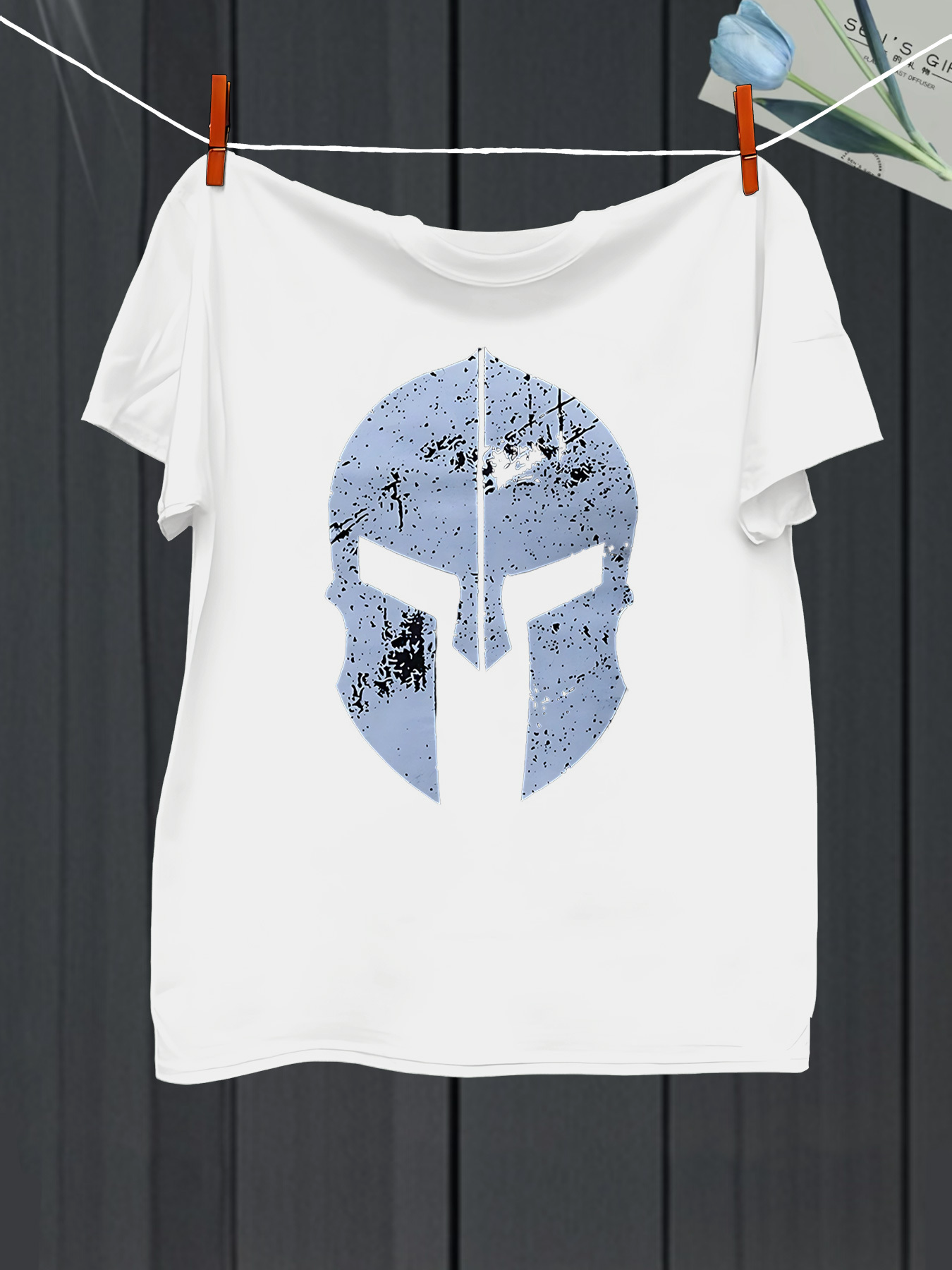 Men's Graphic T-Shirt Distressed Steel Blue Texture Ancient Spartan Warrior Helmet