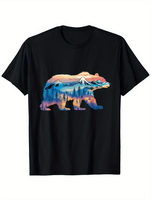 Men's Graphic T-Shirt Twilight Landscape Mountain Reflection With Sunset Silhouetted Bear