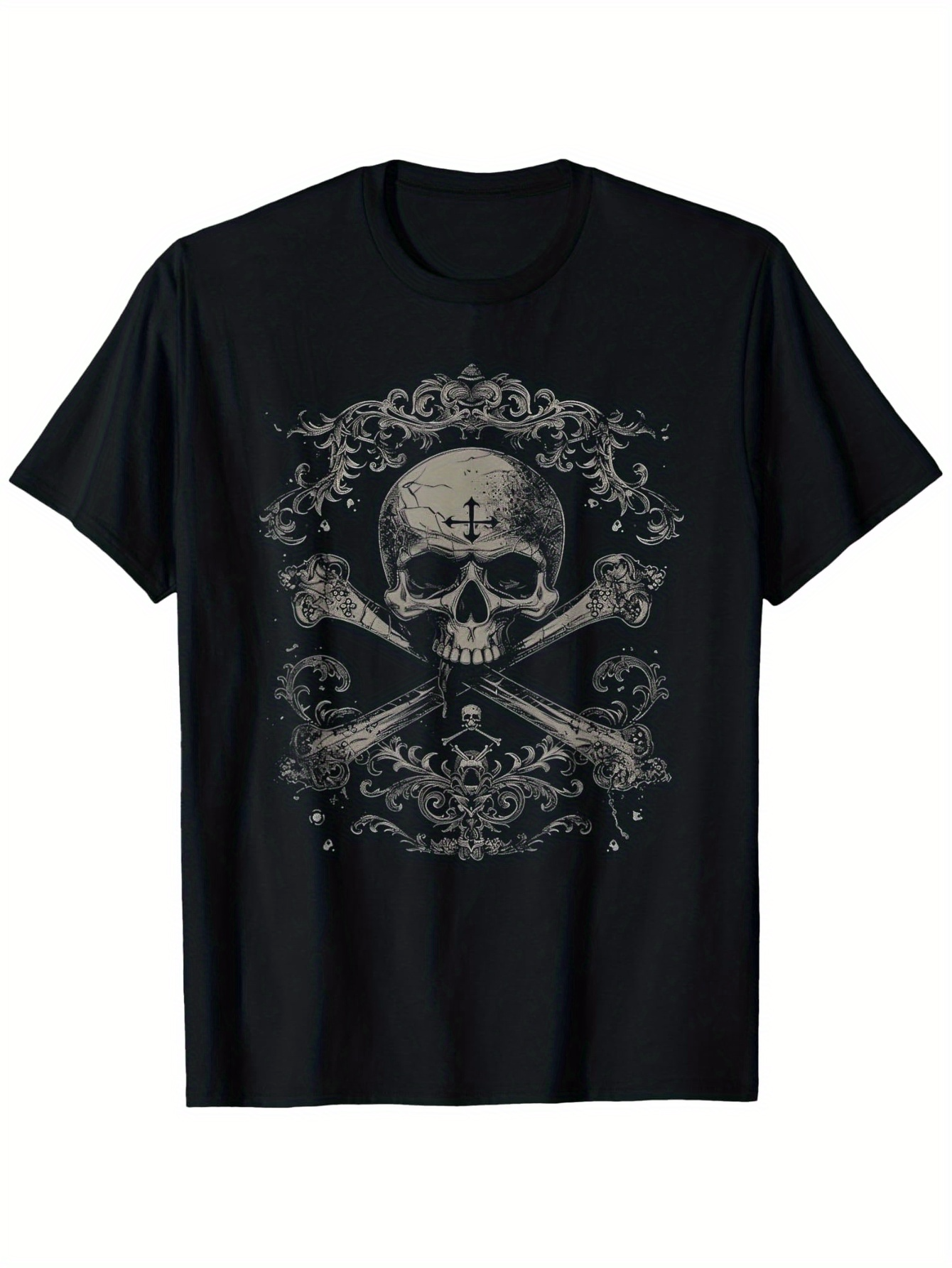 Men's Graphic T-Shirt Vintage Filigree With Skull Bones Under Dark Ornaments Skull